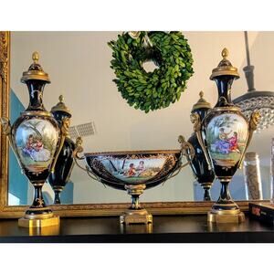 Vintage porcelain sevres design 3 Piece Mantel Set Centerpiece Garniture